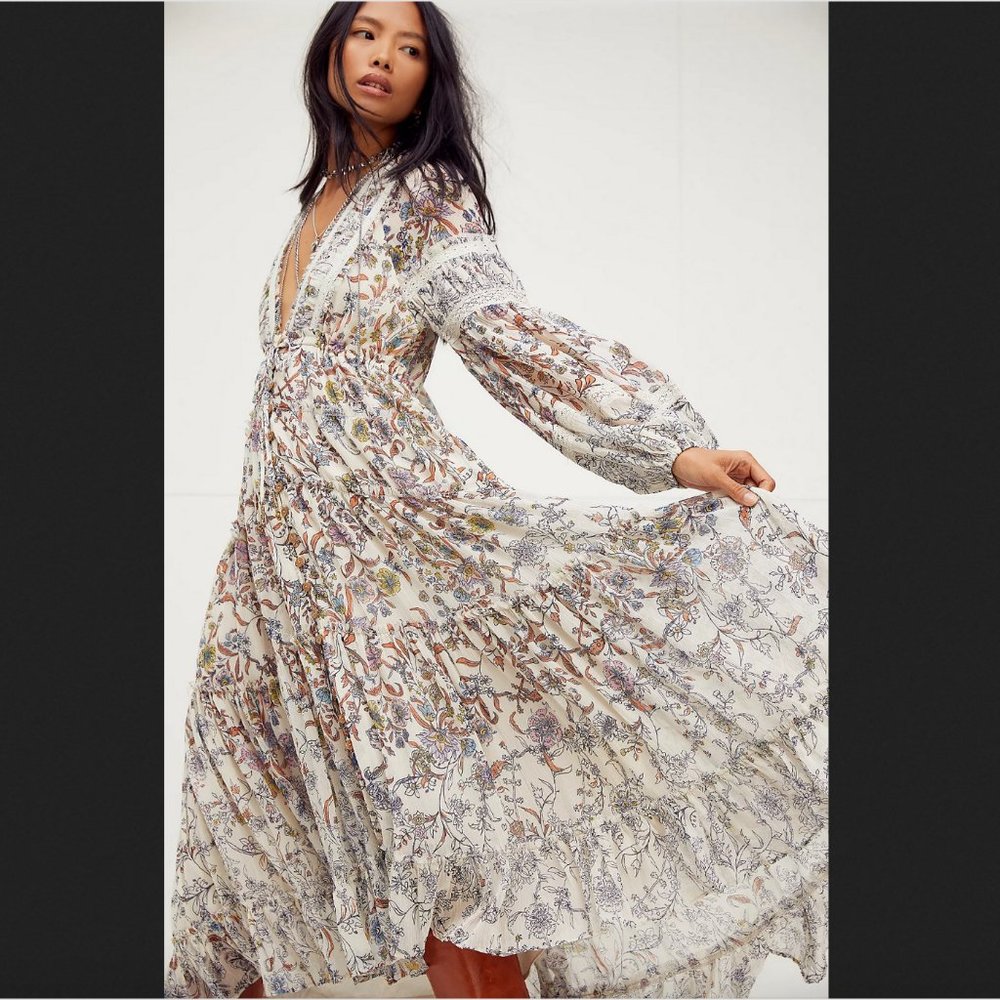 Free People L Cassis Printed Chiffon Dress